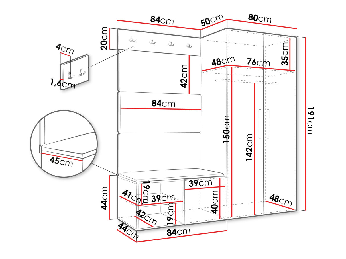 Előszoba garnitúra Garderoba MEDI I, Keret színe: Fehér, Puha falpanel színe: Manila 11