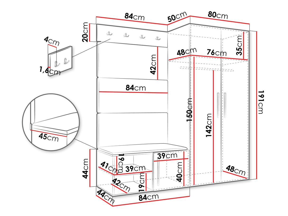 Előszoba garnitúra Garderoba MEDI I, Keret színe: Fehér, Puha falpanel színe: Manila 18