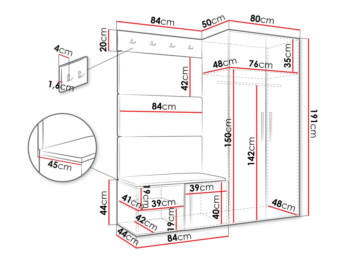 Előszoba garnitúra Garderoba MEDI I, Keret színe: Fehér, Puha falpanel színe: Manila 26