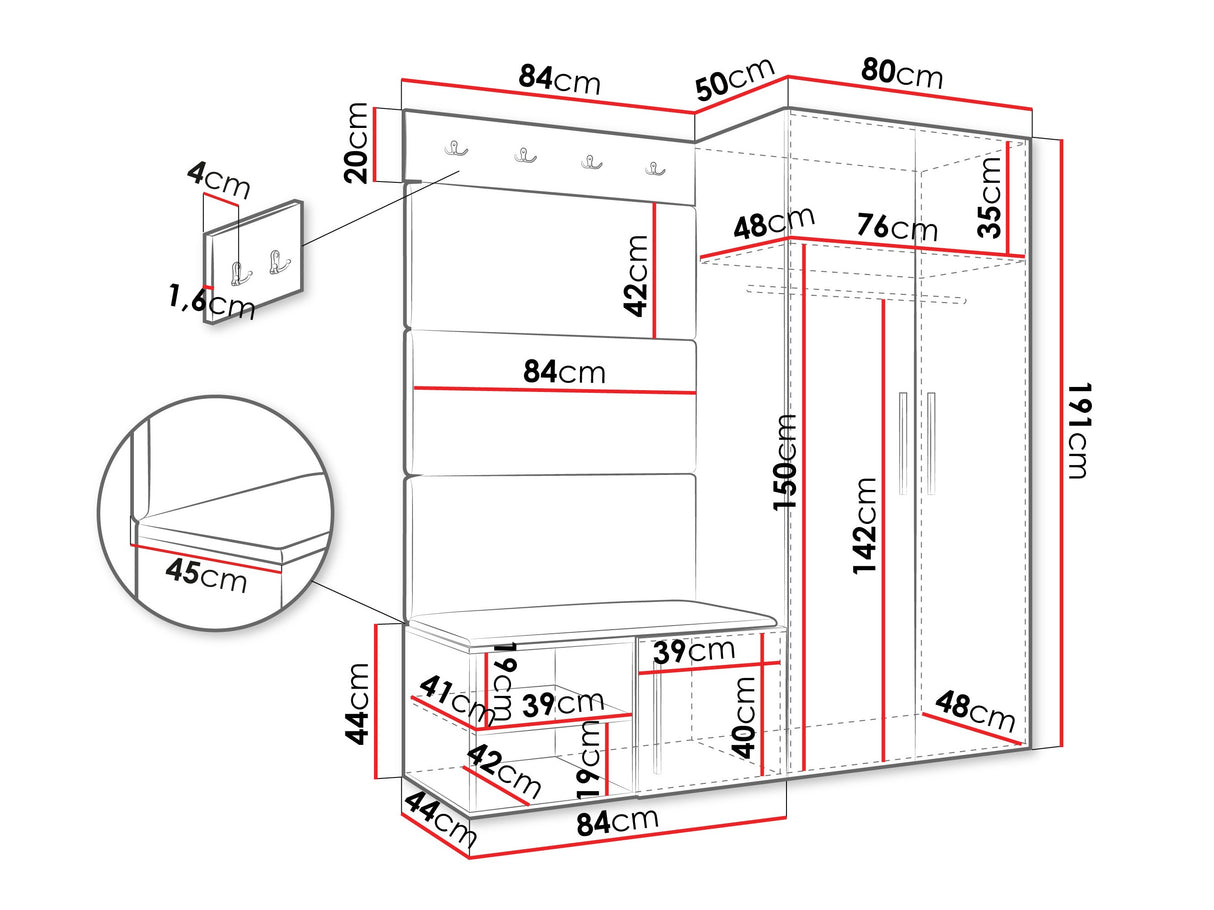 Előszoba garnitúra Garderoba MEDI I, Keret színe: Fehér, Puha falpanel színe: Manila 32