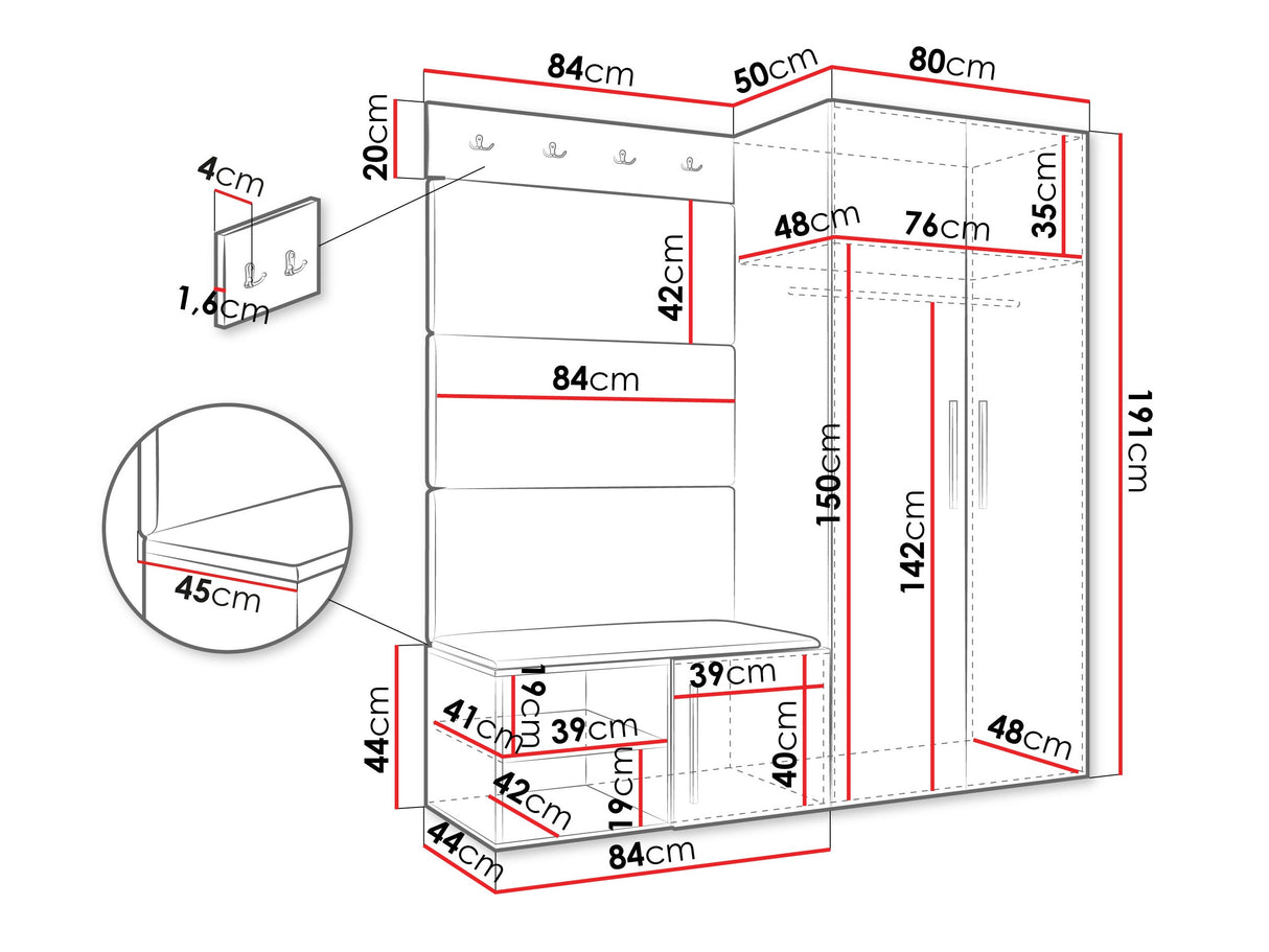 Előszoba garnitúra Garderoba MEDI I, Keret színe: Fehér, Puha falpanel színe: Manila 35