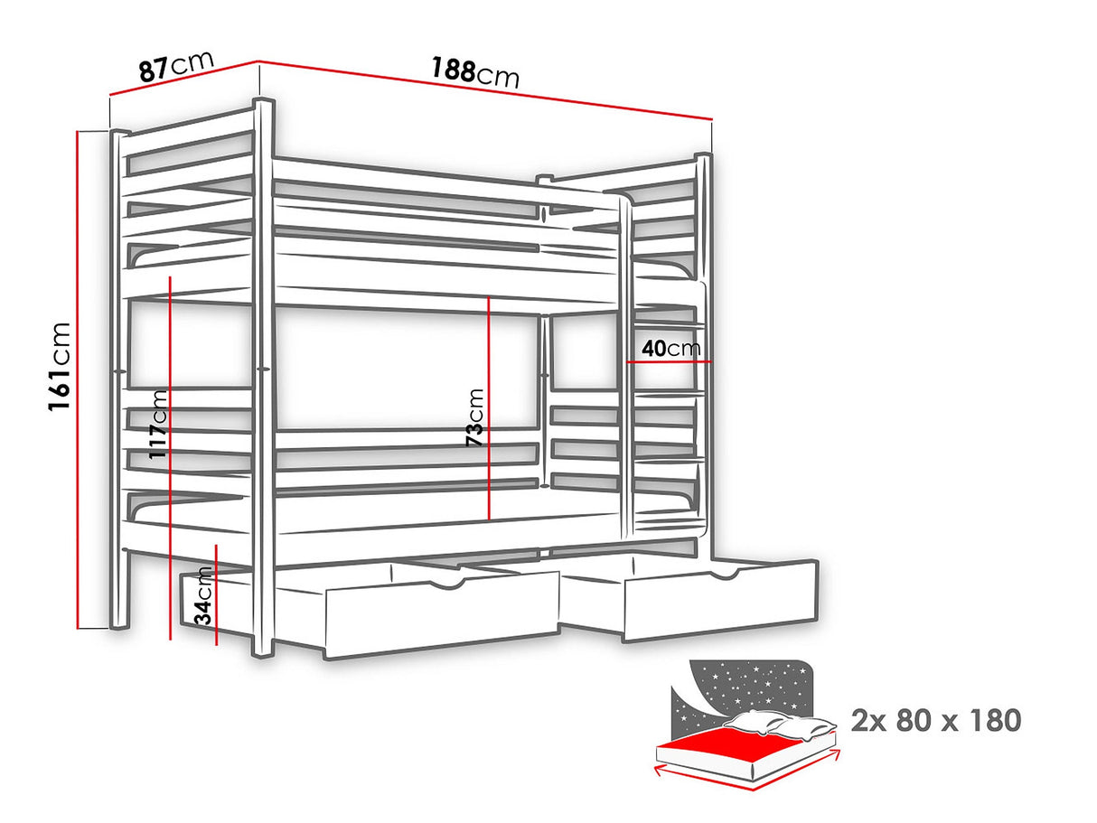 Emeletes ágy Nemo (Aero), Szín: Kasmír, Alvó felület mérete: 80 x 180 cm