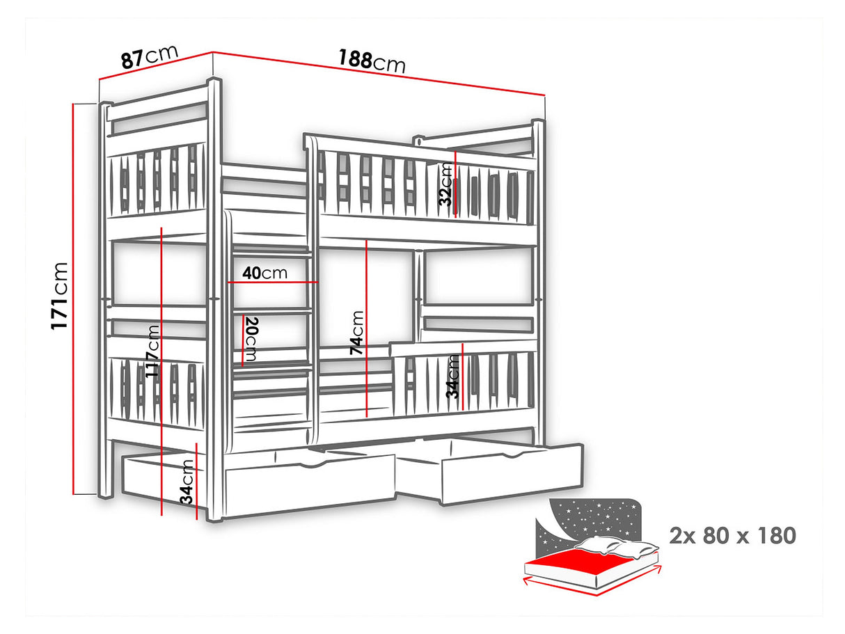 Emeletes ágy MONIKA (William), Szín: Kasmír, Alvó felület mérete: 80 x 180 cm