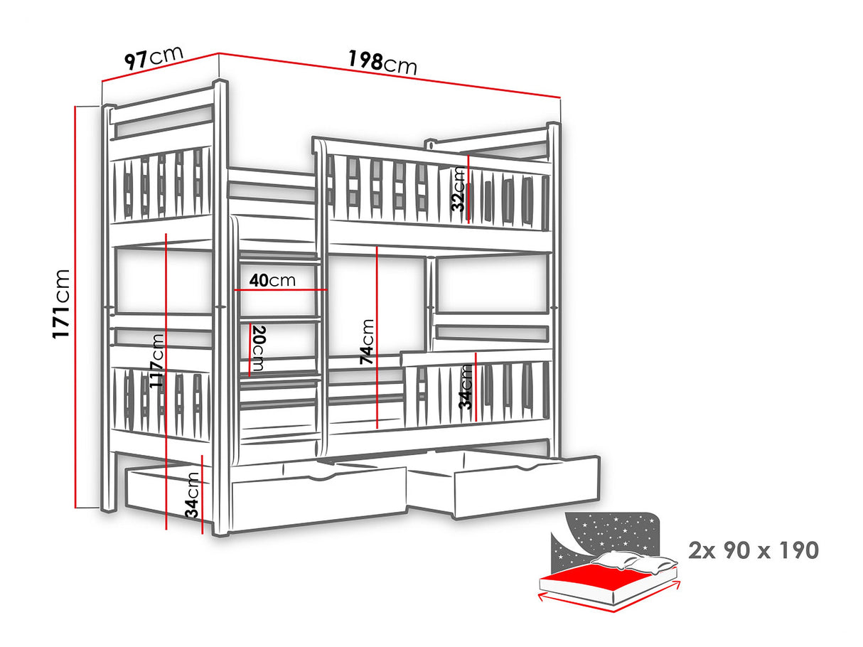 Emeletes ágy MONIKA (William), Szín: Kasmír, Alvó felület mérete: 90 x 190 cm