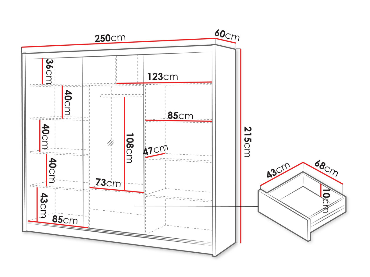 Gardróbszekrény Szafa przesuwna LONDON 250 L Dąb Wotan/Biały/Lustro 5903211436178