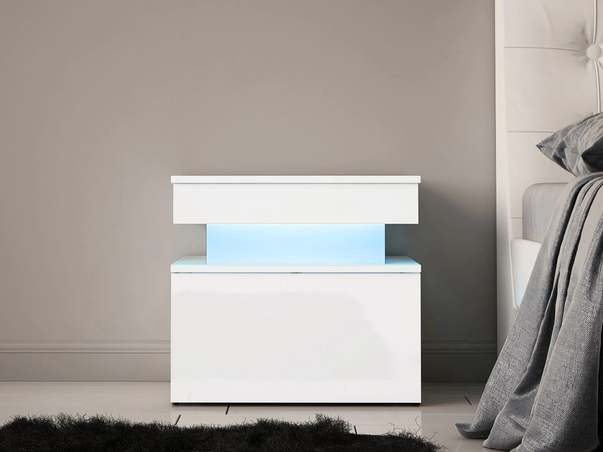 Éjjeliszekrény Stolik nemcny 1S GLOSSA +LED, Szín: Fehér + Fényes fehér 4198162