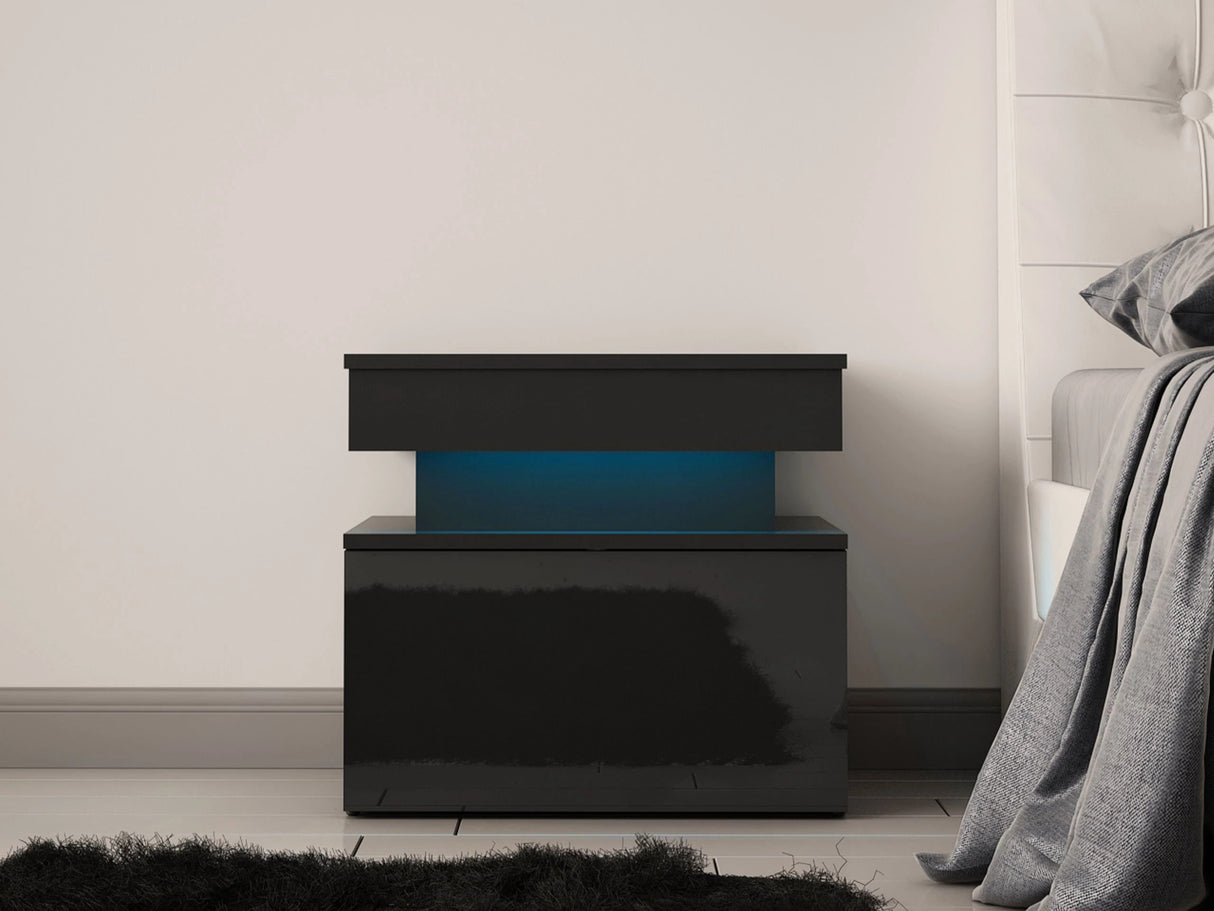 Éjjeliszekrény Stolik nemcny 1S GLOSSA +LED, Szín: Fekete + Fényes fekete 4198163