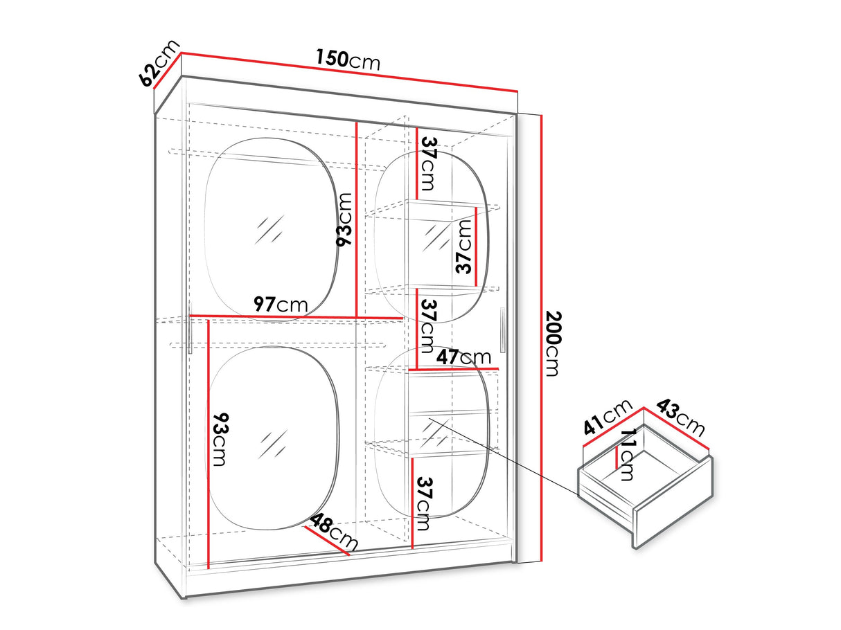 Gardróbszekrény Szafa 150 BAHRAJN 2, Szín: Fekete, Fiókok: Igen, Led világítás: Nem