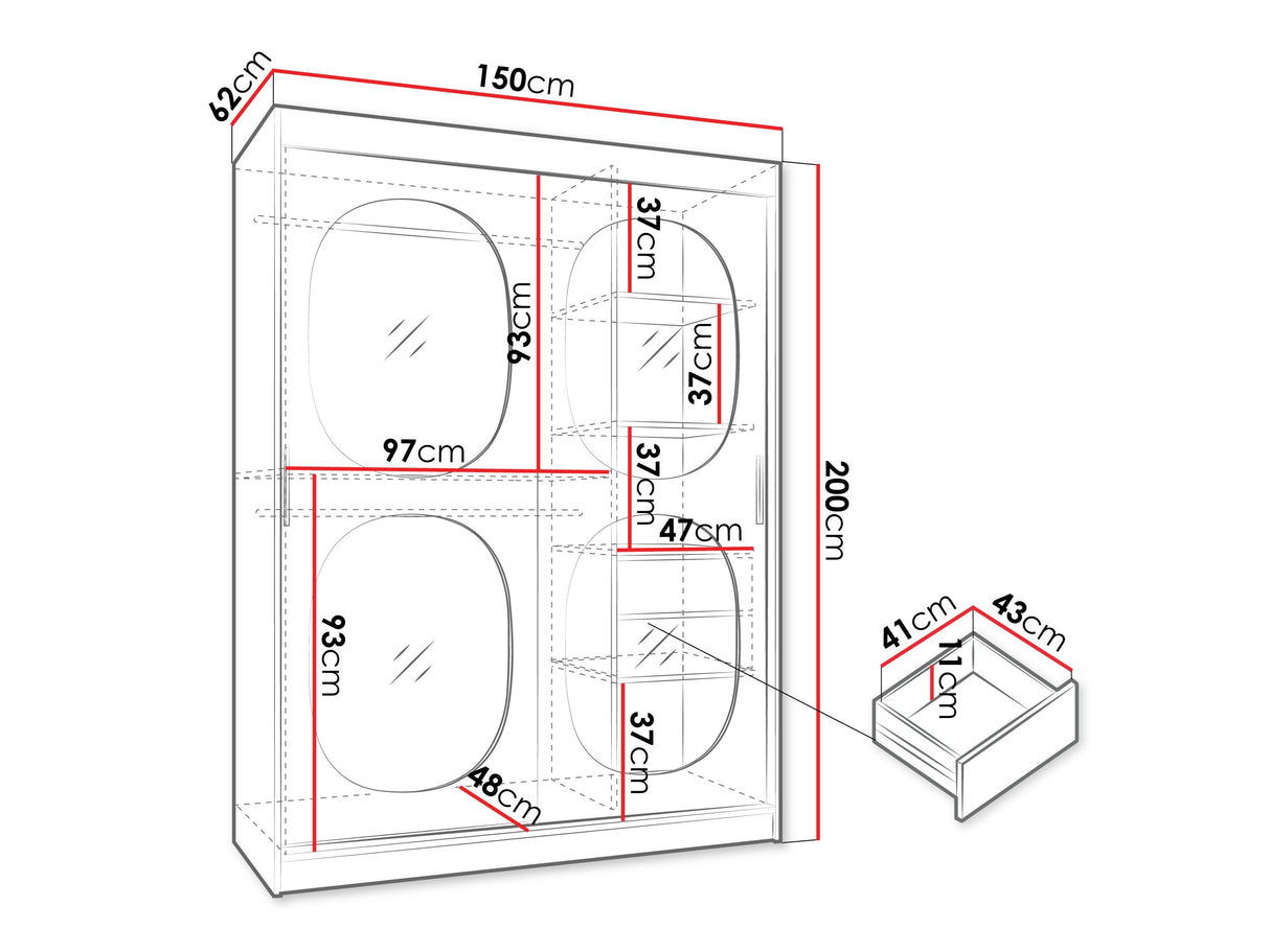 Gardróbszekrény Szafa 150 BAHRAJN 2, Szín: Fekete, Fiókok: Igen, Led világítás: Igen