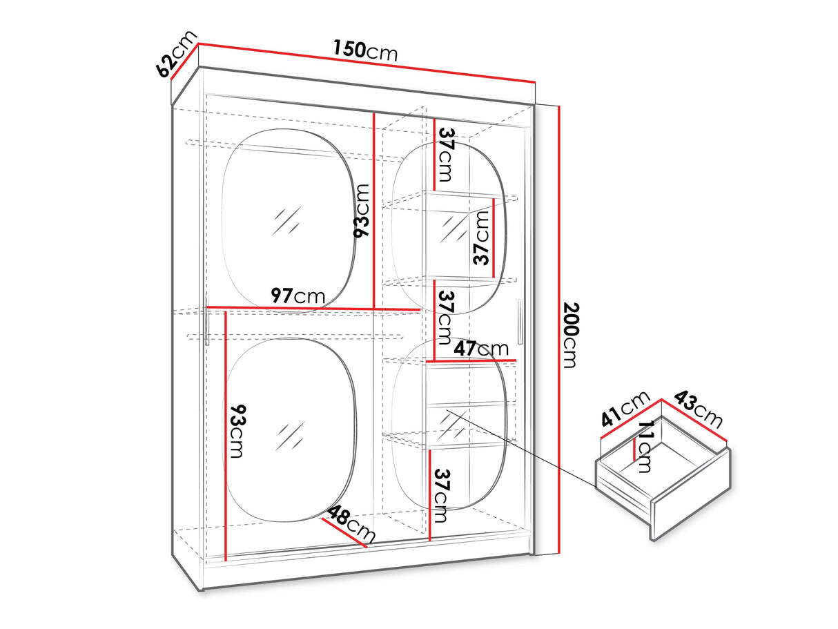 Gardróbszekrény Szafa 150 BAHRAJN 2, Szín: Kasmír, Fiókok: Igen, Led világítás: Igen