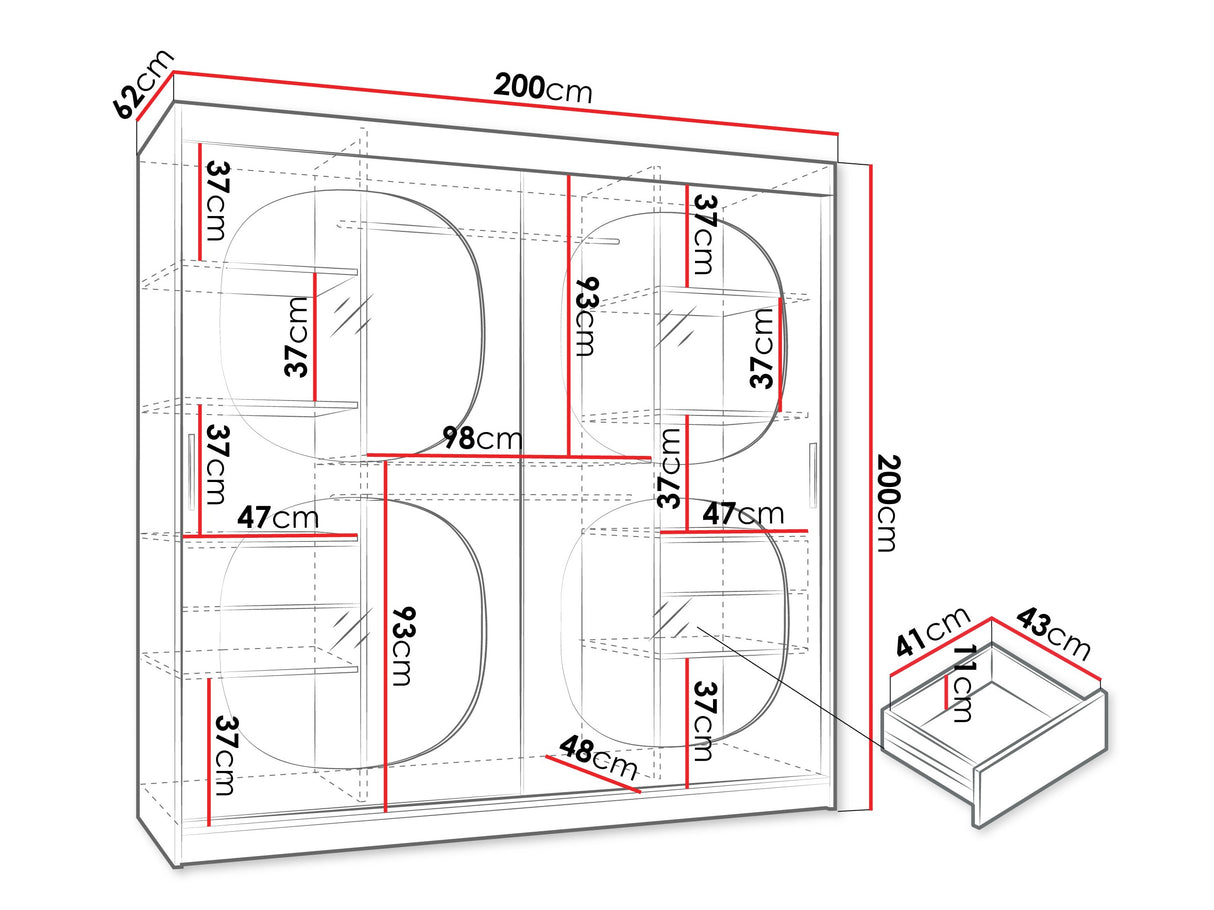 Gardróbszekrény Szafa 200 BAHRAJN 2, Szín: Fekete, Fiókok: Igen, Led világítás: Nem