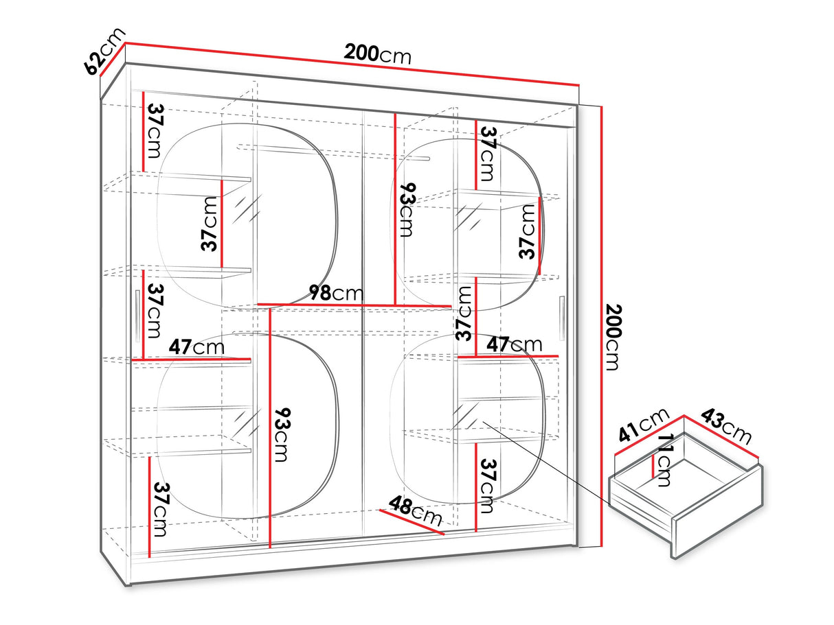 Gardróbszekrény Szafa 200 BAHRAJN 2, Szín: Fekete, Fiókok: Igen, Led világítás: Igen