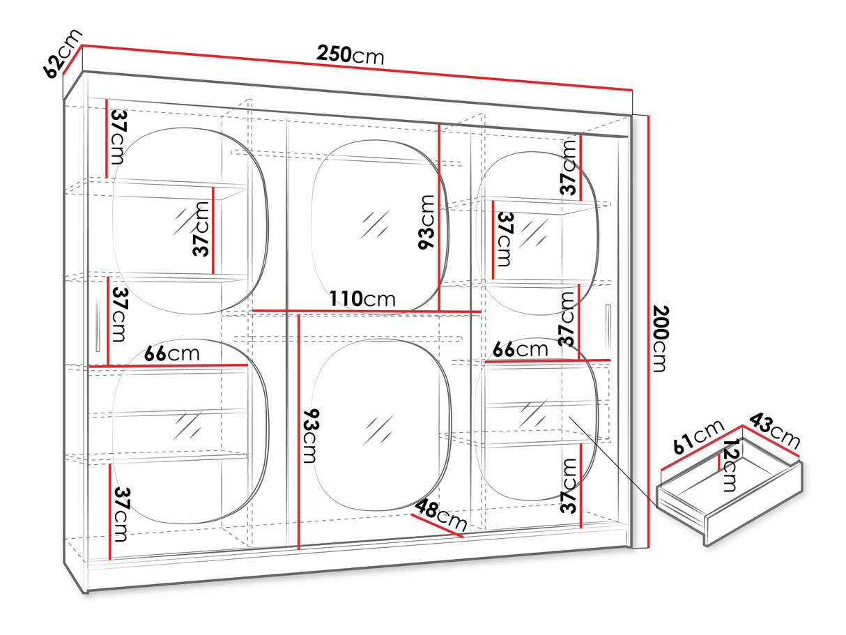 Gardróbszekrény Szafa 250 BAHRAJN 2, Szín: Fekete, Fiókok: Igen, Led világítás: Igen
