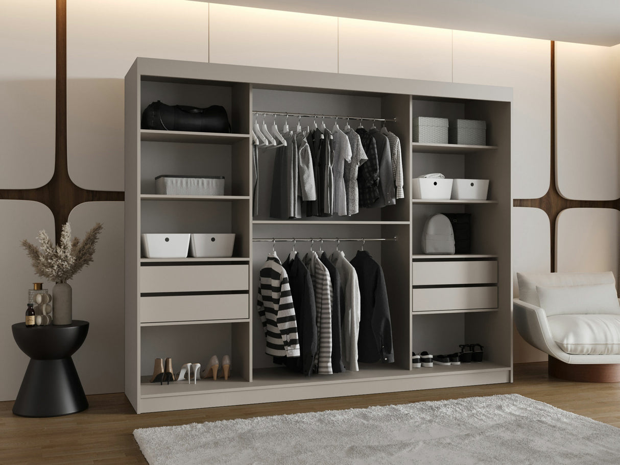 Gardróbszekrény Szafa 250 BAHRAJN 3, Szín: Kasmír, Fiókok: Igen, Led világítás: Nem