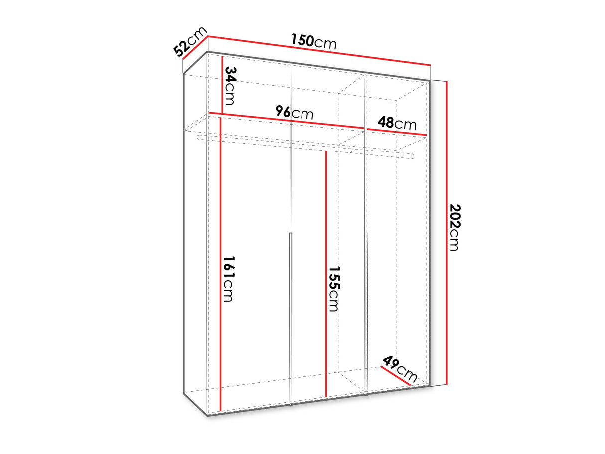 Gardróbszekrény Szafa 150 ALICANTE 1, Szín: Fehér, Fogantyú színe: Kasmír