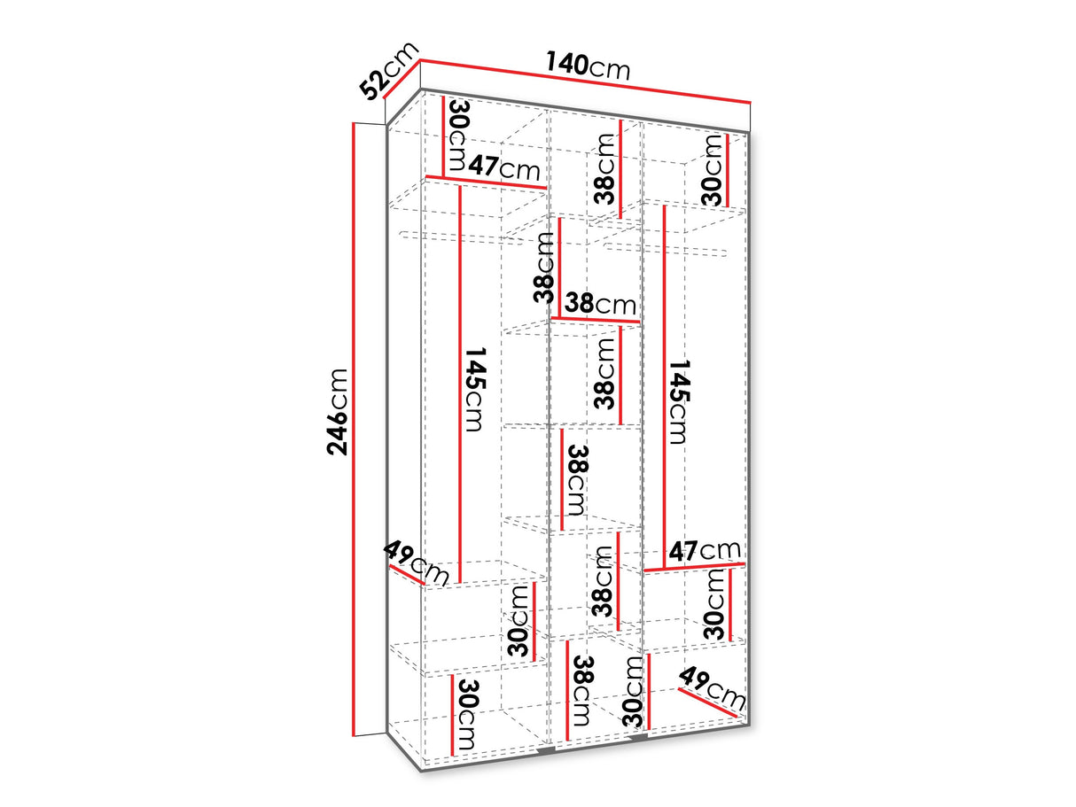 Gardróbszekrény Szafa COMO 2 120/130/140/150/160 (gł.40/50), Szín: Fehér, Fogantyú színe: Aranysárga, Szélesség: 140 cm, Mélység: 52 cm