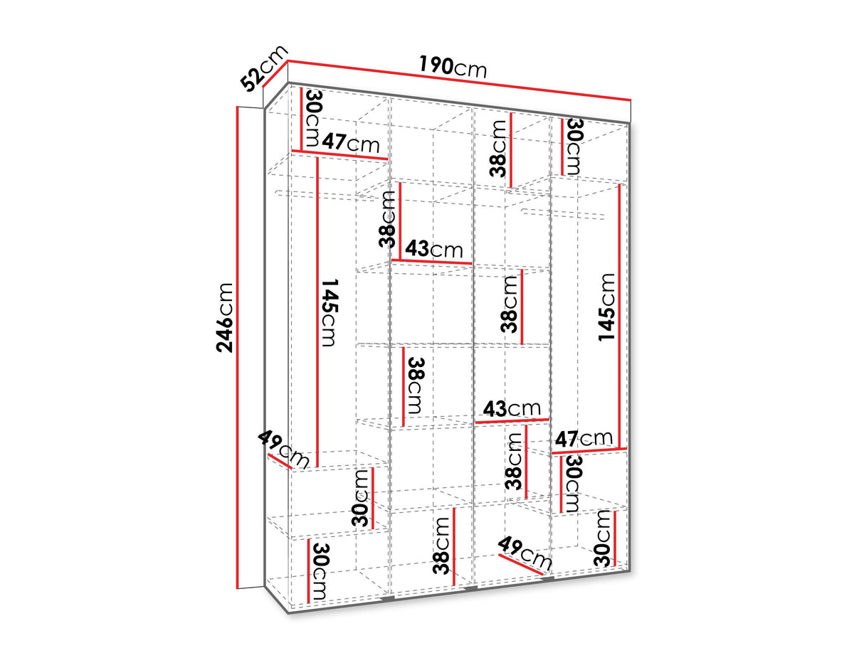 Gardróbszekrény Szafa COMO 2 170/180/190/200 (gł.40/50), Szín: Fehér, Fogantyú színe: Aranysárga, Szélesség: 190 cm, Mélység: 52 cm