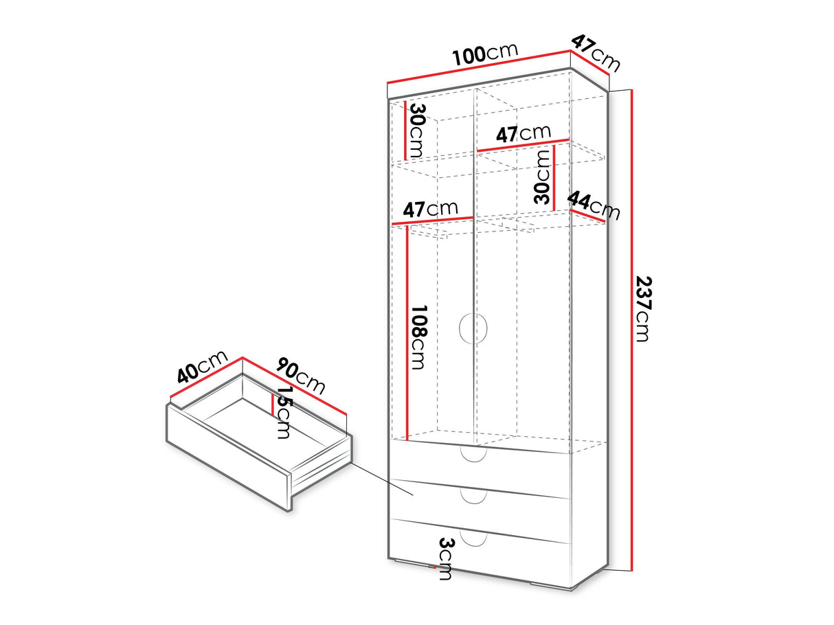 Gardróbszekrény Szafa 100 cm INOVA 4, Szín: Fehér, Fogantyú színe: Aranysárga