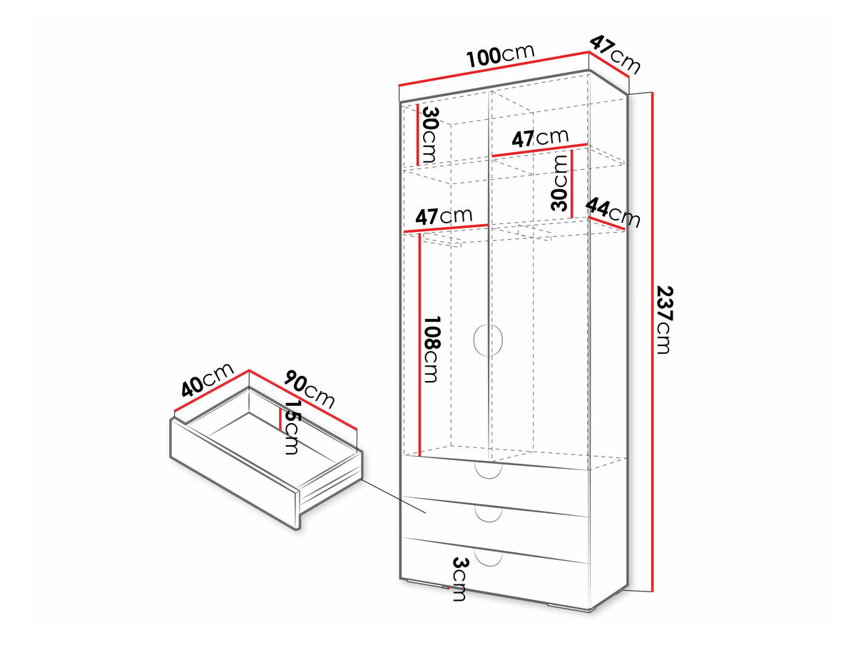 Gardróbszekrény Szafa 100 cm INOVA 4, Szín: Fehér, Fogantyú színe: Fekete
