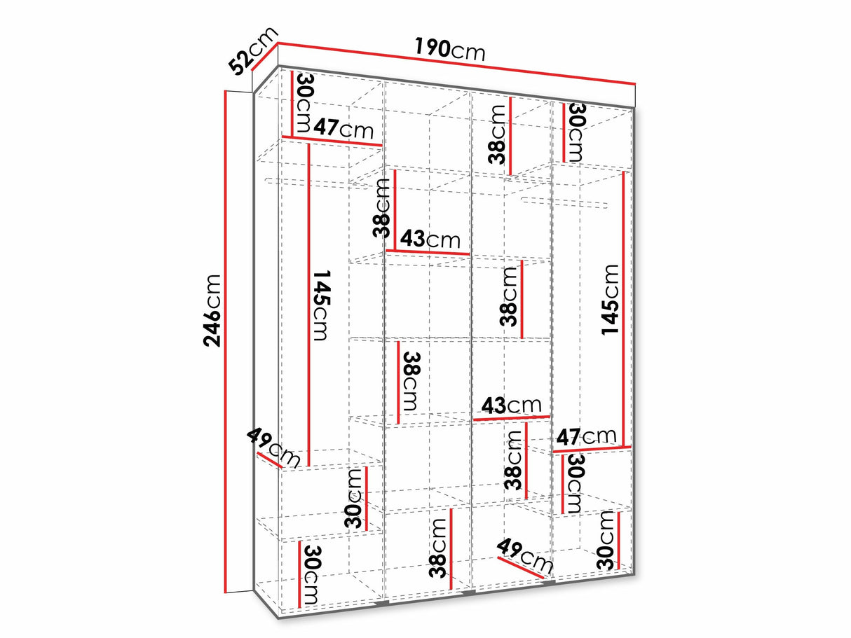 Gardróbszekrény Szafa COMO 3 170/180/190/200 (gł.40/50), Szín: Fehér, Fogantyú színe: Aranysárga, Szélesség: 190 cm, Mélység: 52 cm