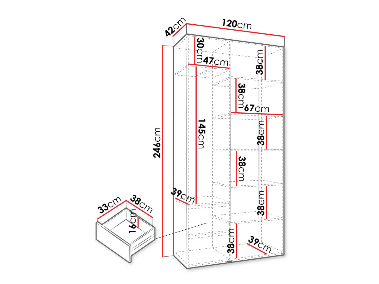 Gardróbszekrény Szafa COMO 3 120/130/140/150/160 (gł.40/50), Szín: Fehér, Fogantyú színe: Fekete, Szélesség: 120 cm, Mélység: 42 cm, Fiókok: Igen