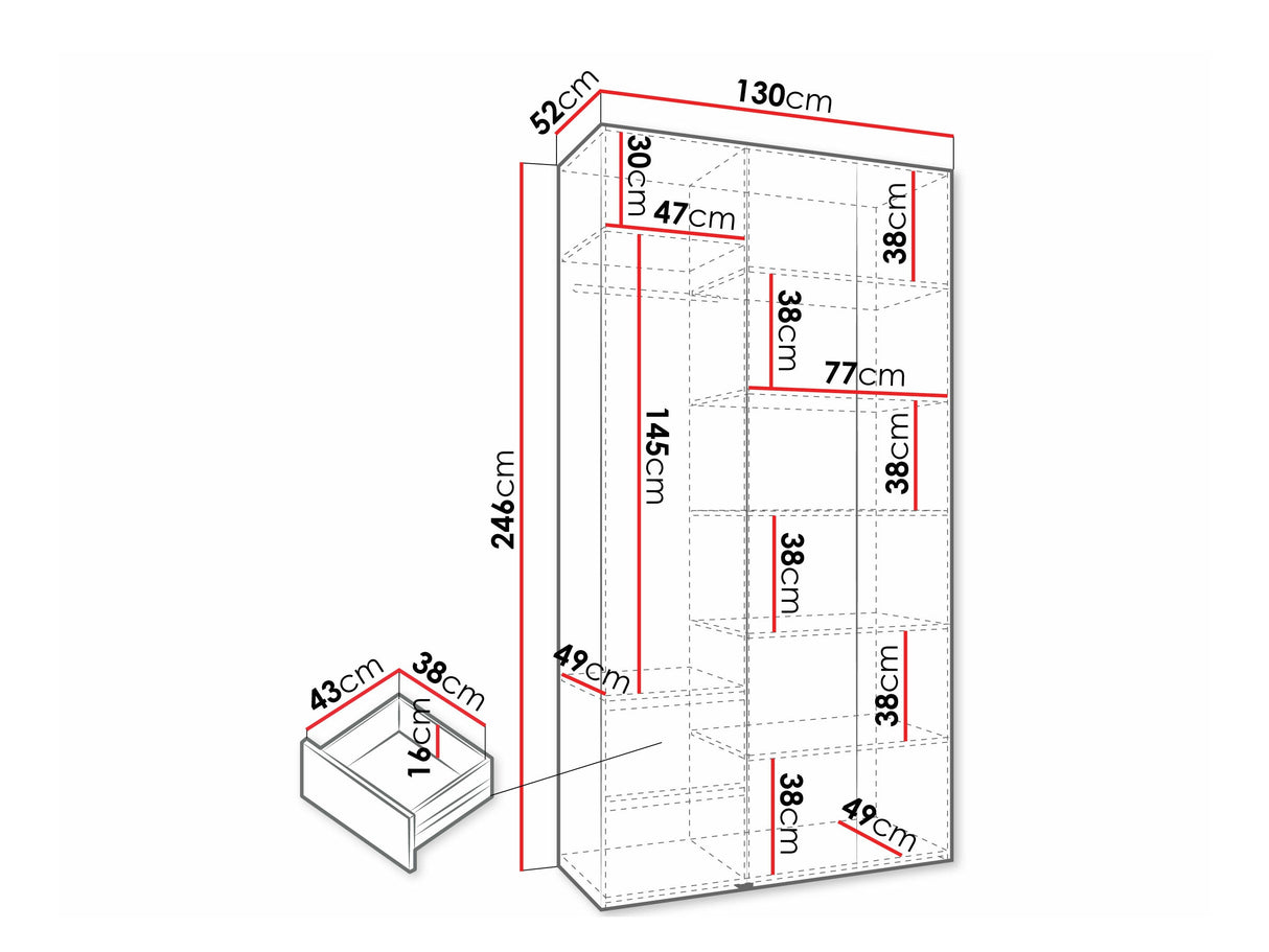 Gardróbszekrény Szafa COMO 3 120/130/140/150/160 (gł.40/50), Szín: Fehér, Fogantyú színe: Fekete, Szélesség: 130 cm, Mélység: 52 cm, Fiókok: Igen