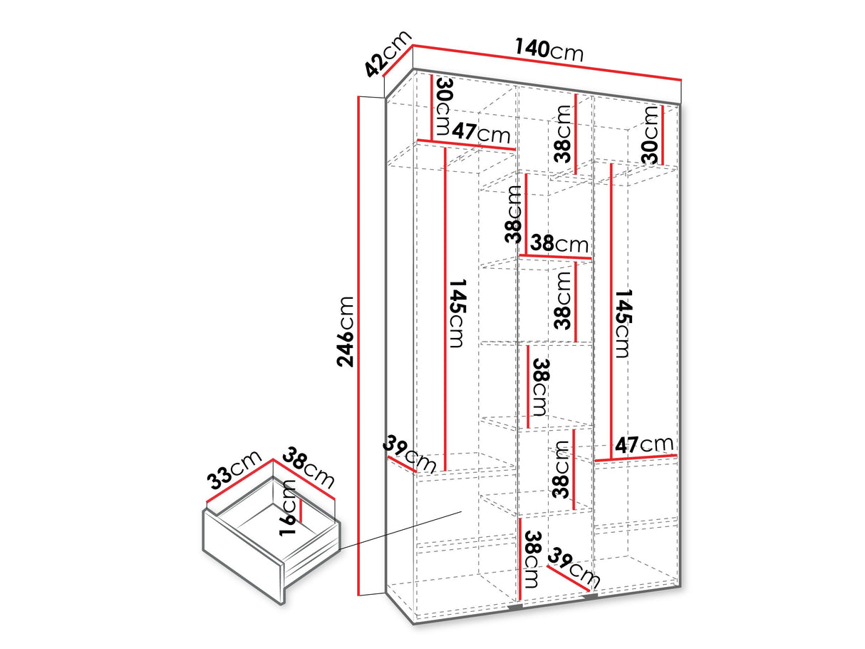 Gardróbszekrény Szafa COMO 3 120/130/140/150/160 (gł.40/50), Szín: Fehér, Fogantyú színe: Fekete, Szélesség: 140 cm, Mélység: 42 cm, Fiókok: Igen
