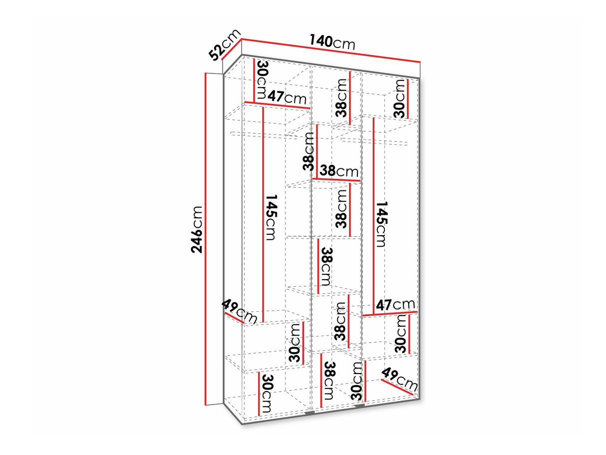 Gardróbszekrény Szafa COMO 3 120/130/140/150/160 (gł.40/50), Szín: Fehér, Fogantyú színe: Fekete, Szélesség: 140 cm, Mélység: 52 cm, Fiókok: Nem
