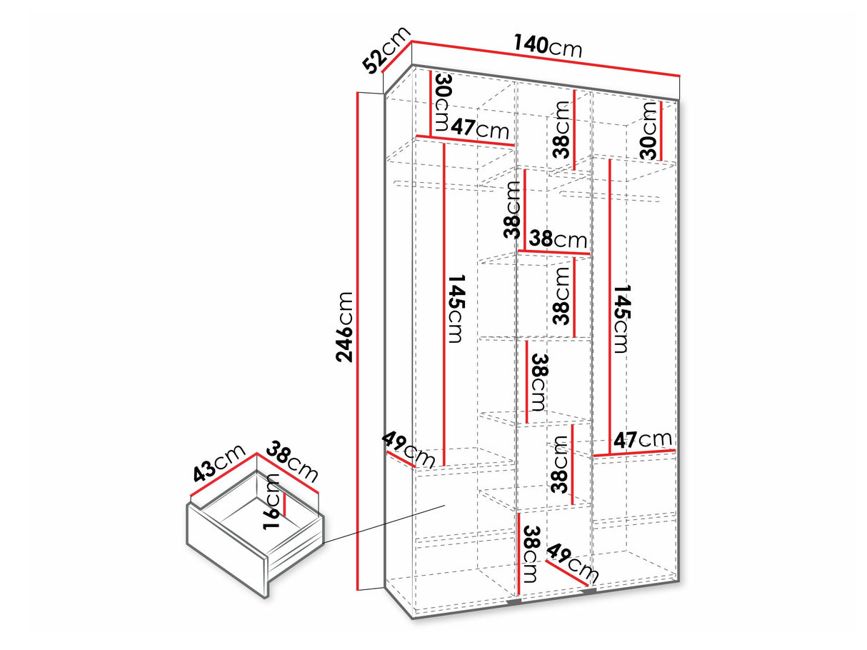 Gardróbszekrény Szafa COMO 3 120/130/140/150/160 (gł.40/50), Szín: Fehér, Fogantyú színe: Fekete, Szélesség: 140 cm, Mélység: 52 cm, Fiókok: Igen