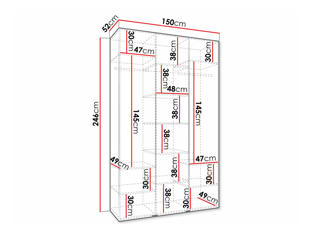 Gardróbszekrény Szafa COMO 3 120/130/140/150/160 (gł.40/50), Szín: Fehér, Fogantyú színe: Fekete, Szélesség: 150 cm, Mélység: 52 cm, Fiókok: Nem