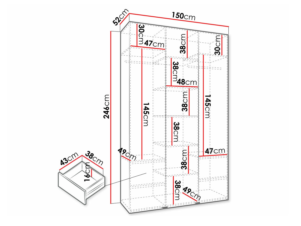 Gardróbszekrény Szafa COMO 3 120/130/140/150/160 (gł.40/50), Szín: Fehér, Fogantyú színe: Fekete, Szélesség: 150 cm, Mélység: 52 cm, Fiókok: Igen