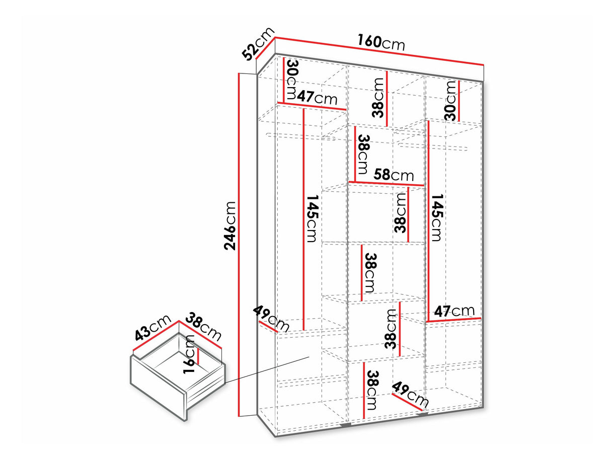 Gardróbszekrény Szafa COMO 3 120/130/140/150/160 (gł.40/50), Szín: Fehér, Fogantyú színe: Fekete, Szélesség: 160 cm, Mélység: 52 cm, Fiókok: Igen