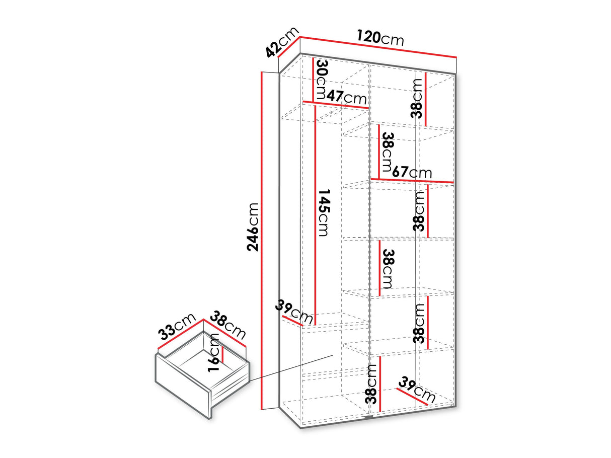 Gardróbszekrény Szafa COMO 3 120/130/140/150/160 (gł.40/50), Szín: Fehér, Fogantyú színe: Aranysárga, Szélesség: 120 cm, Mélység: 42 cm, Fiókok: Igen