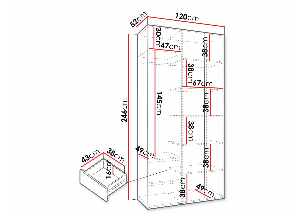 Gardróbszekrény Szafa COMO 3 120/130/140/150/160 (gł.40/50), Szín: Fehér, Fogantyú színe: Aranysárga, Szélesség: 120 cm, Mélység: 52 cm, Fiókok: Igen