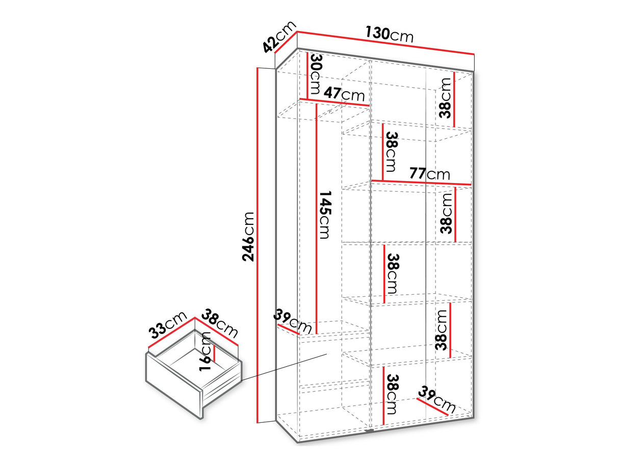 Gardróbszekrény Szafa COMO 3 120/130/140/150/160 (gł.40/50), Szín: Fehér, Fogantyú színe: Aranysárga, Szélesség: 130 cm, Mélység: 42 cm, Fiókok: Igen