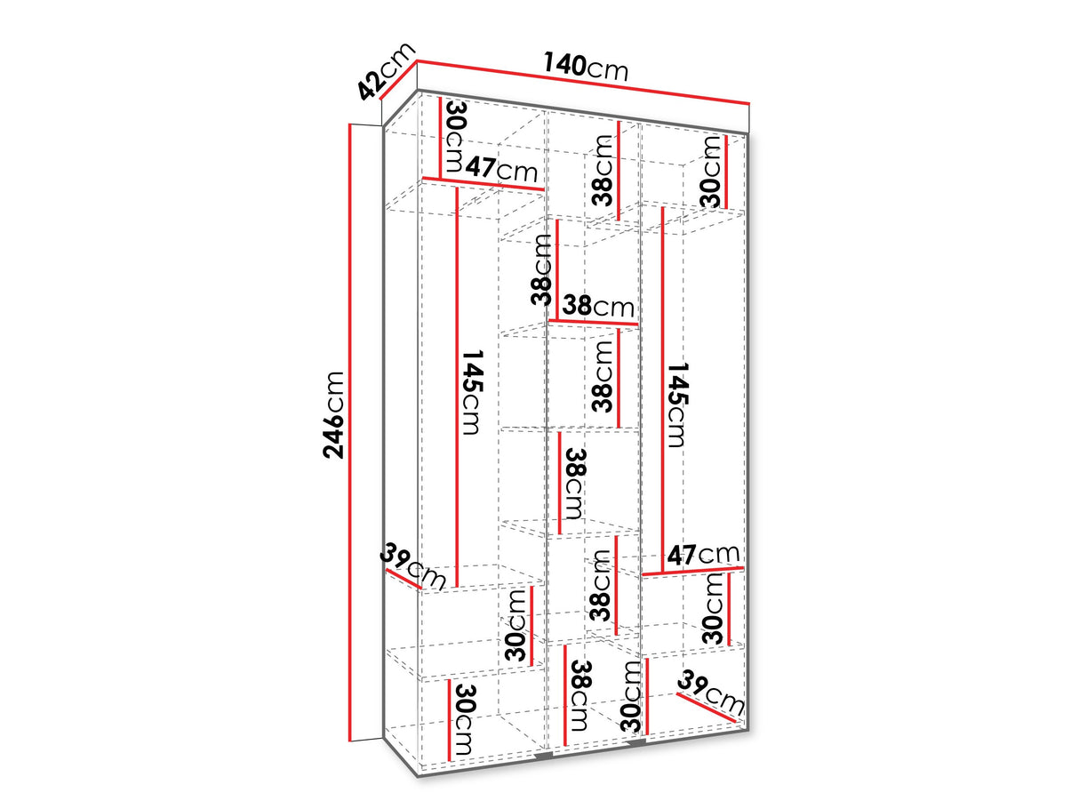 Gardróbszekrény Szafa COMO 3 120/130/140/150/160 (gł.40/50), Szín: Fehér, Fogantyú színe: Aranysárga, Szélesség: 140 cm, Mélység: 42 cm, Fiókok: Nem