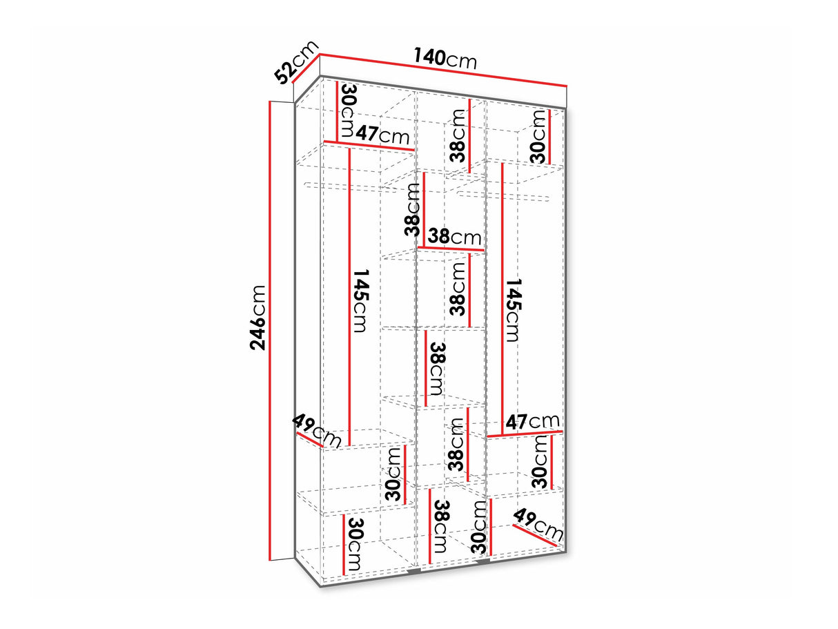 Gardróbszekrény Szafa COMO 3 120/130/140/150/160 (gł.40/50), Szín: Fehér, Fogantyú színe: Aranysárga, Szélesség: 140 cm, Mélység: 52 cm, Fiókok: Nem
