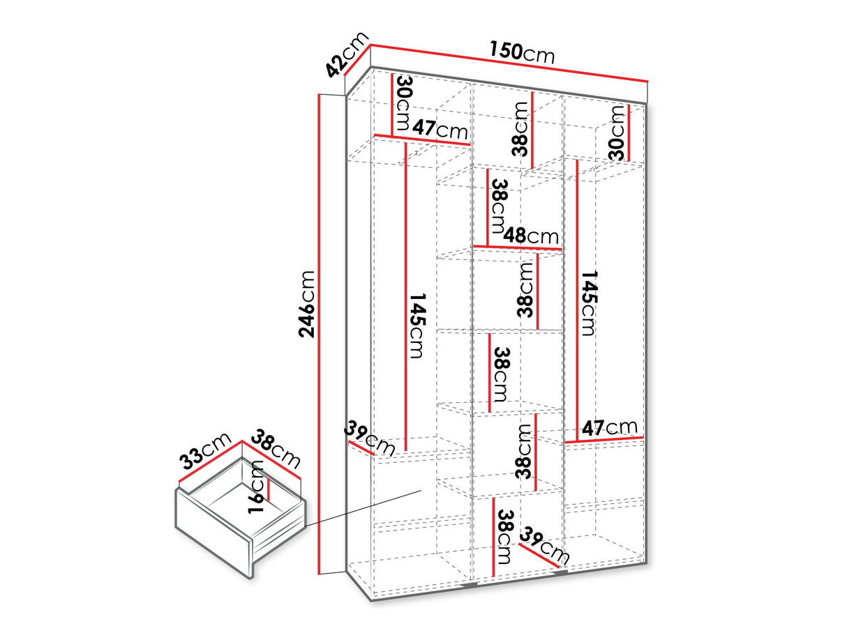 Gardróbszekrény Szafa COMO 3 120/130/140/150/160 (gł.40/50), Szín: Fehér, Fogantyú színe: Aranysárga, Szélesség: 150 cm, Mélység: 42 cm, Fiókok: Igen