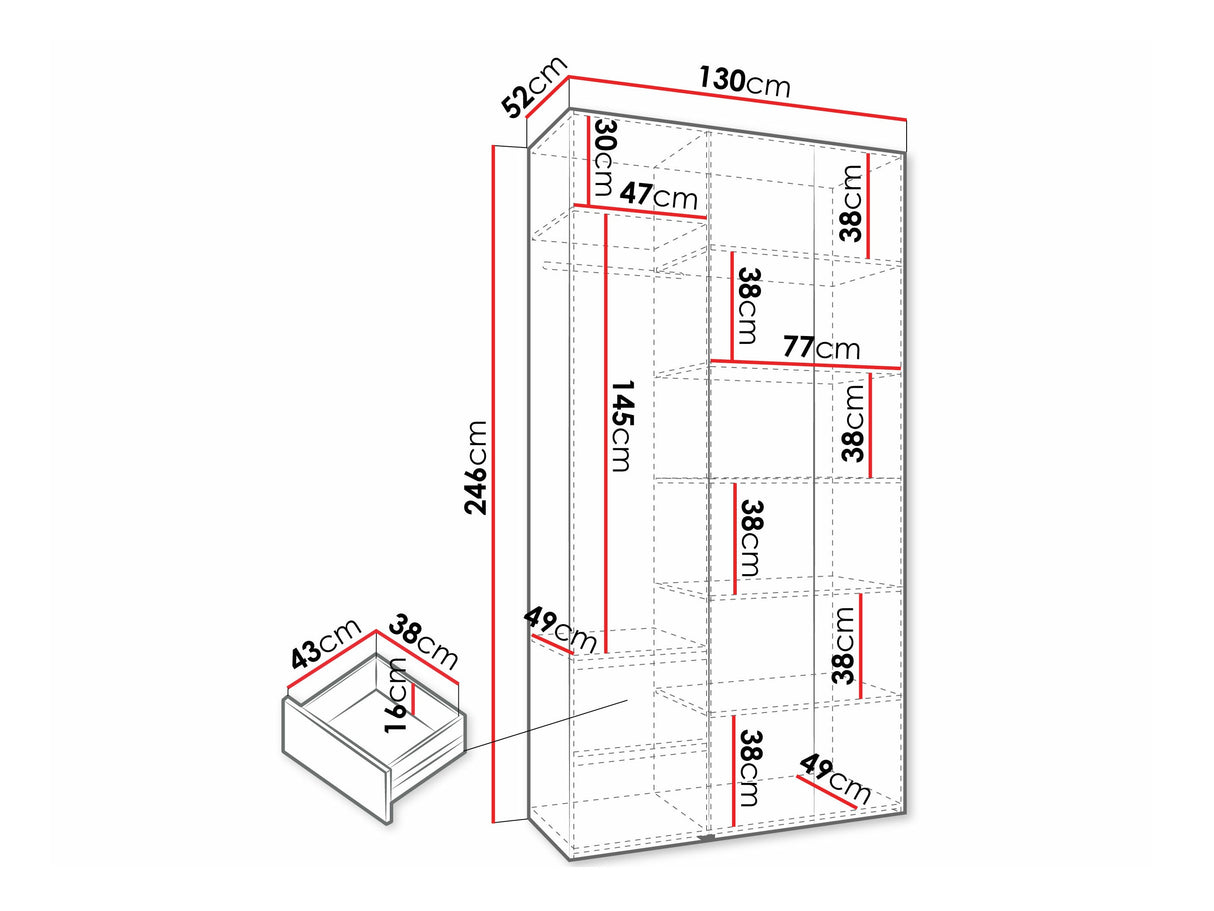 Gardróbszekrény Szafa COMO 3 120/130/140/150/160 (gł.40/50), Szín: Kasmír, Fogantyú színe: Fekete, Szélesség: 130 cm, Mélység: 52 cm, Fiókok: Igen