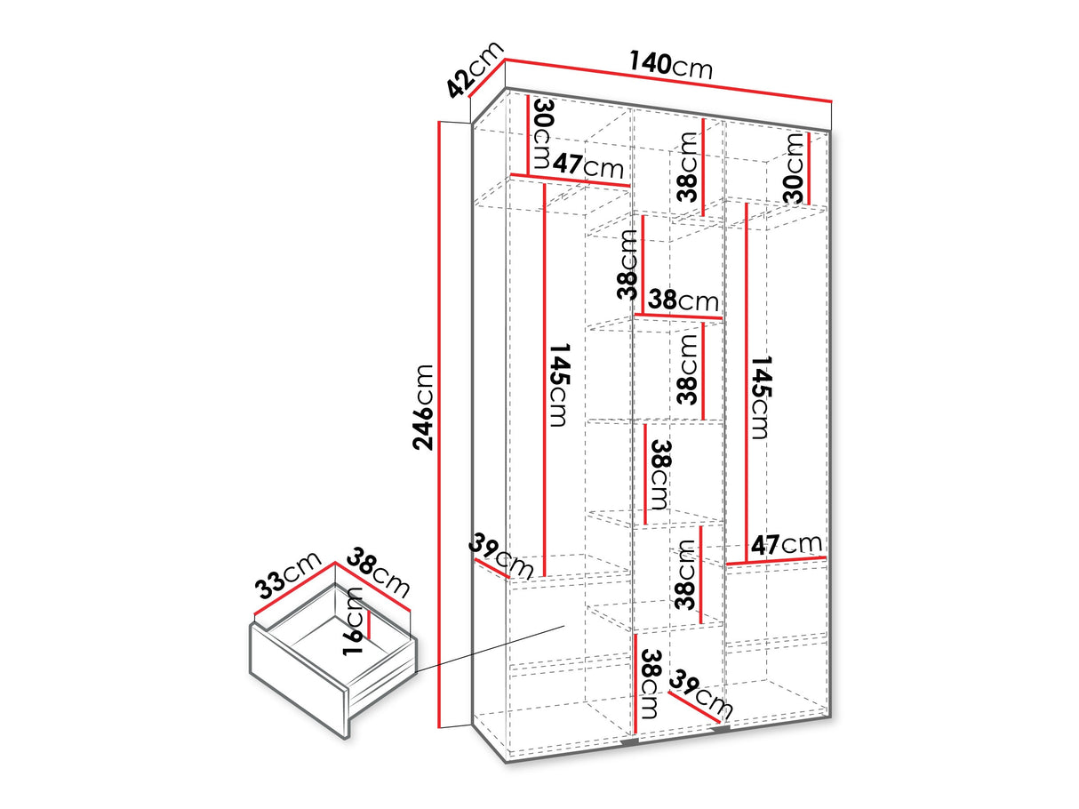Gardróbszekrény Szafa COMO 3 120/130/140/150/160 (gł.40/50), Szín: Kasmír, Fogantyú színe: Fekete, Szélesség: 140 cm, Mélység: 42 cm, Fiókok: Igen