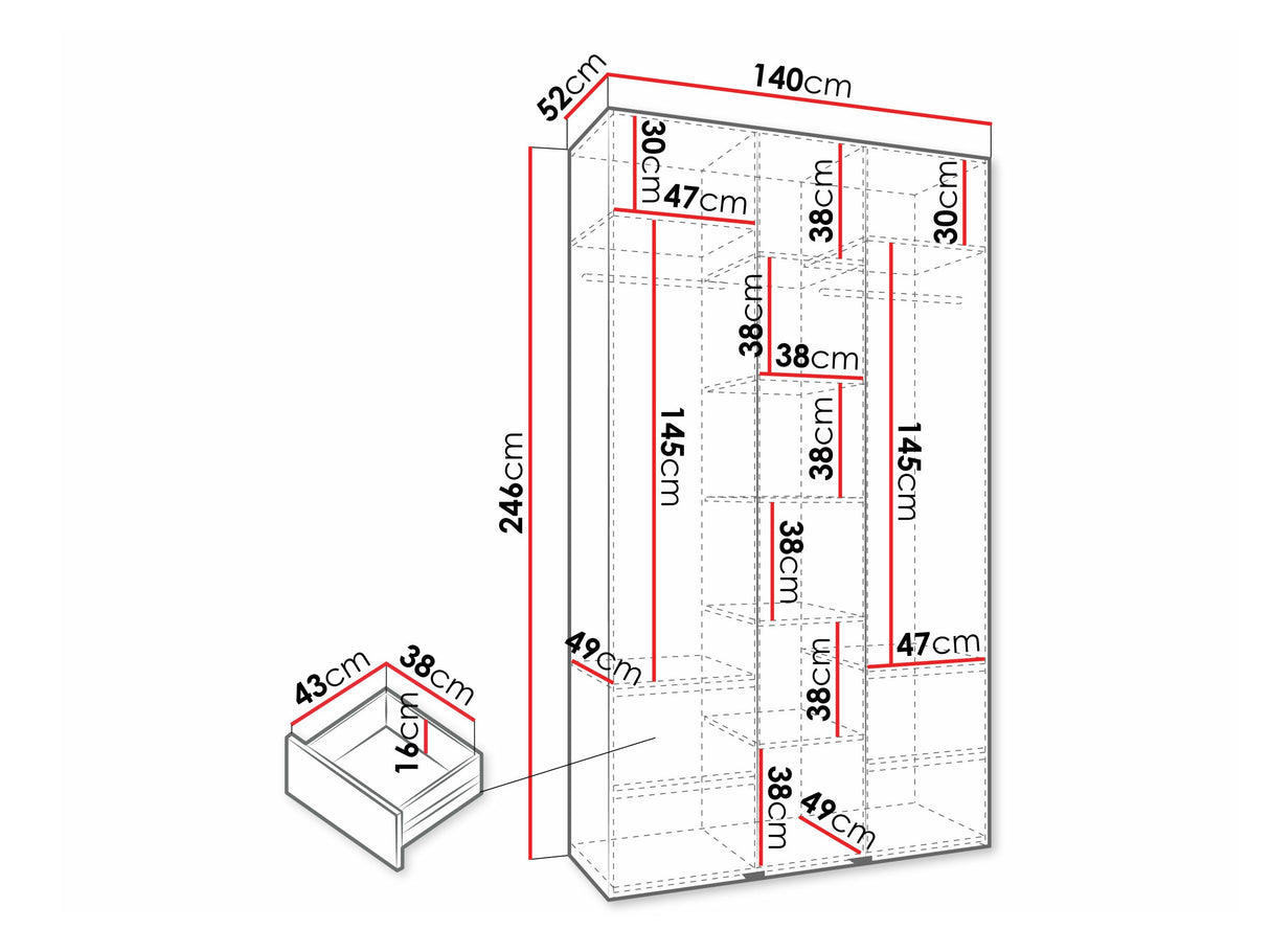 Gardróbszekrény Szafa COMO 3 120/130/140/150/160 (gł.40/50), Szín: Kasmír, Fogantyú színe: Fekete, Szélesség: 140 cm, Mélység: 52 cm, Fiókok: Igen