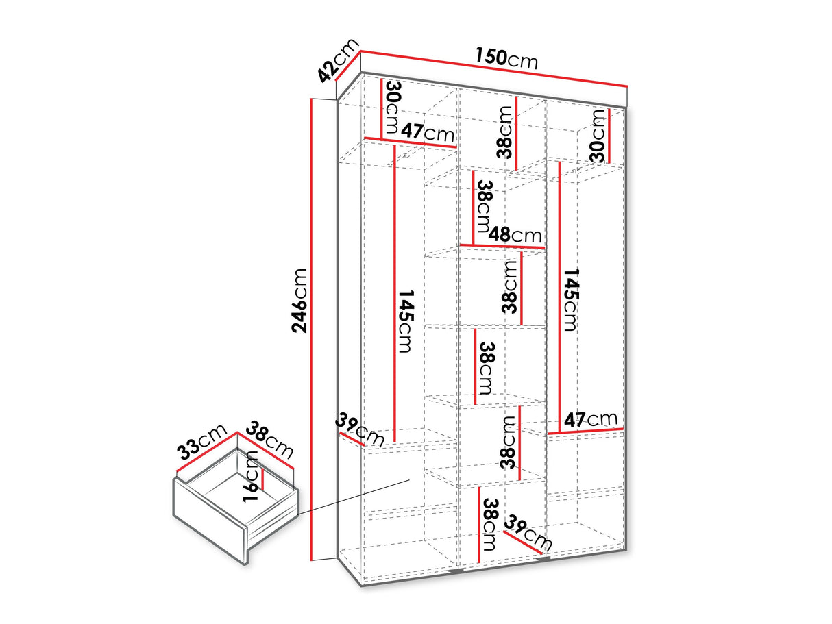 Gardróbszekrény Szafa COMO 3 120/130/140/150/160 (gł.40/50), Szín: Kasmír, Fogantyú színe: Fekete, Szélesség: 150 cm, Mélység: 42 cm, Fiókok: Igen