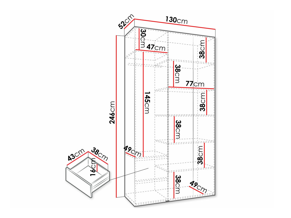 Gardróbszekrény Szafa COMO 3 120/130/140/150/160 (gł.40/50), Szín: Kasmír, Fogantyú színe: Aranysárga, Szélesség: 130 cm, Mélység: 52 cm, Fiókok: Igen