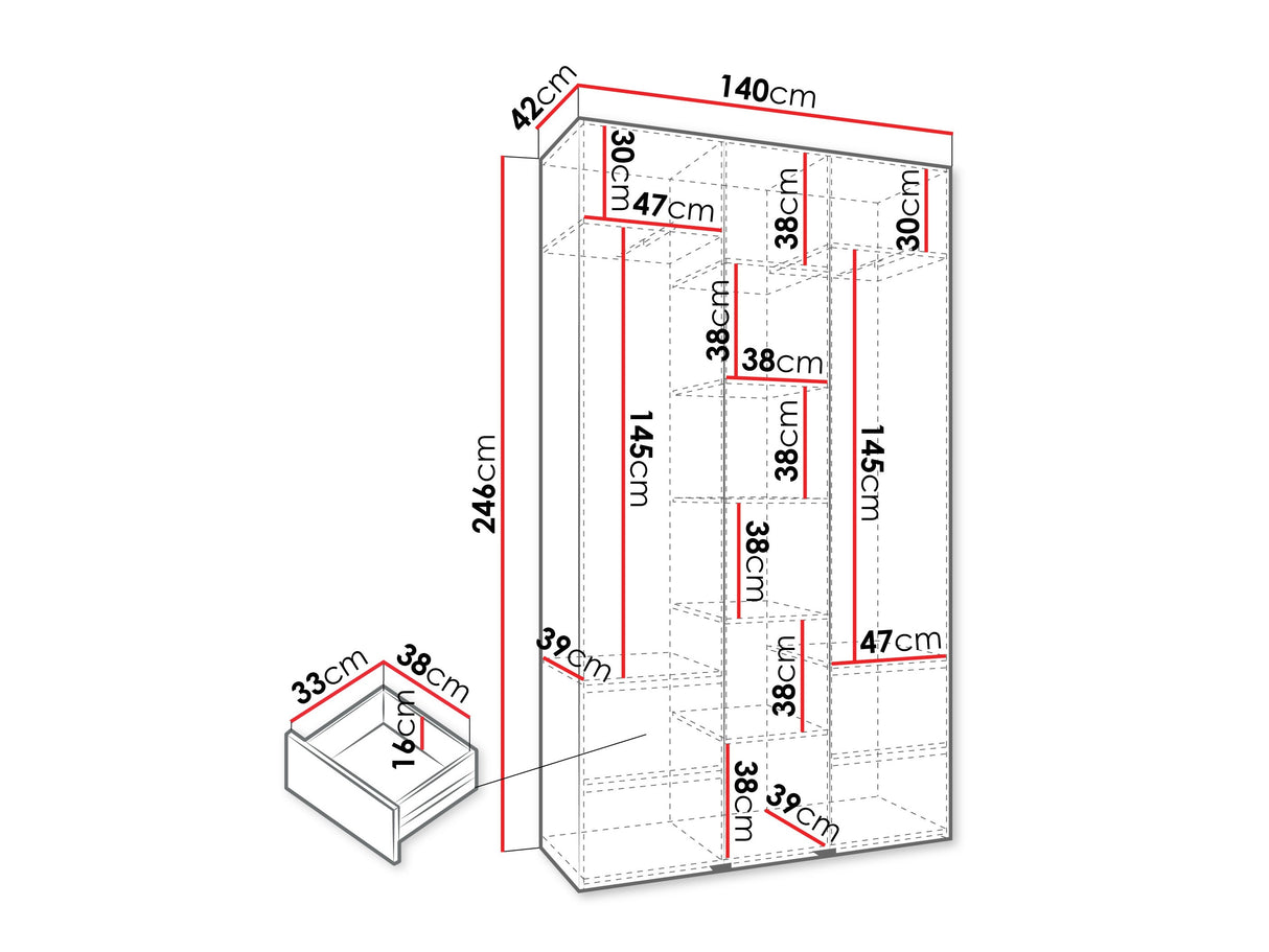 Gardróbszekrény Szafa COMO 3 120/130/140/150/160 (gł.40/50), Szín: Kasmír, Fogantyú színe: Aranysárga, Szélesség: 140 cm, Mélység: 42 cm, Fiókok: Igen