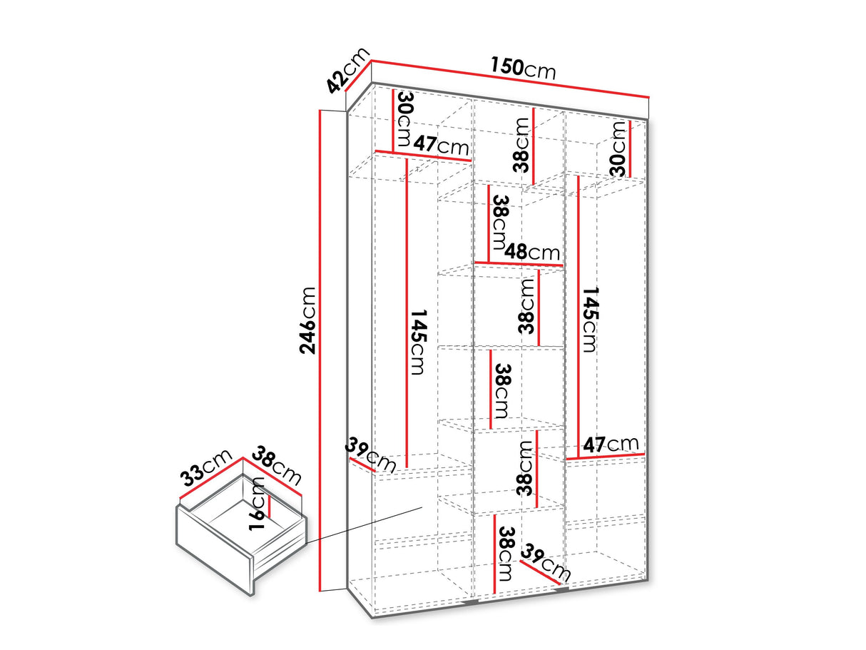 Gardróbszekrény Szafa COMO 3 120/130/140/150/160 (gł.40/50), Szín: Kasmír, Fogantyú színe: Aranysárga, Szélesség: 150 cm, Mélység: 42 cm, Fiókok: Igen