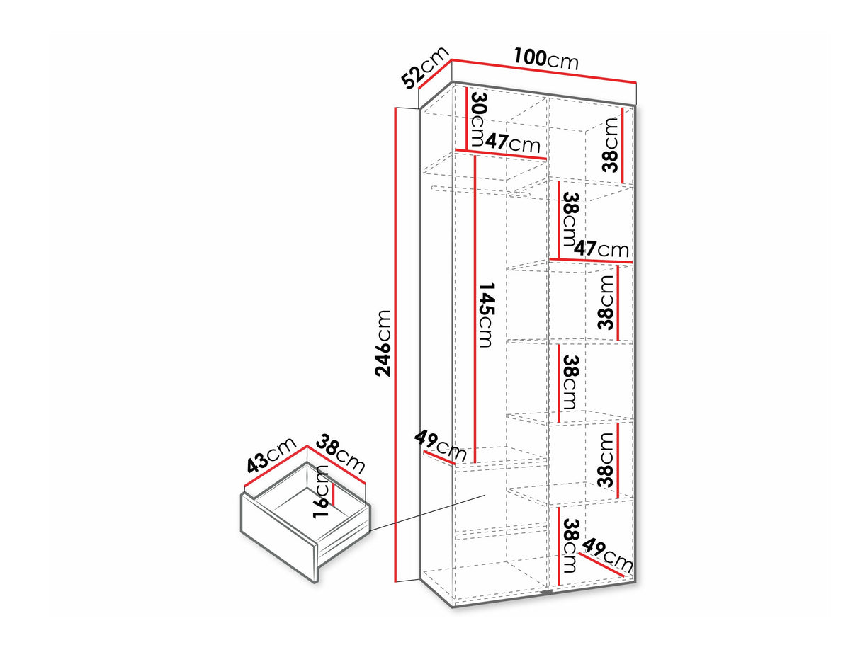 Gardróbszekrény Szafa COMO 4 100/110 (gł.40/50), Szín: Fehér, Fogantyú színe: Aranysárga, Fiókok: Igen, Szélesség: 100 cm, Mélység: 52 cm