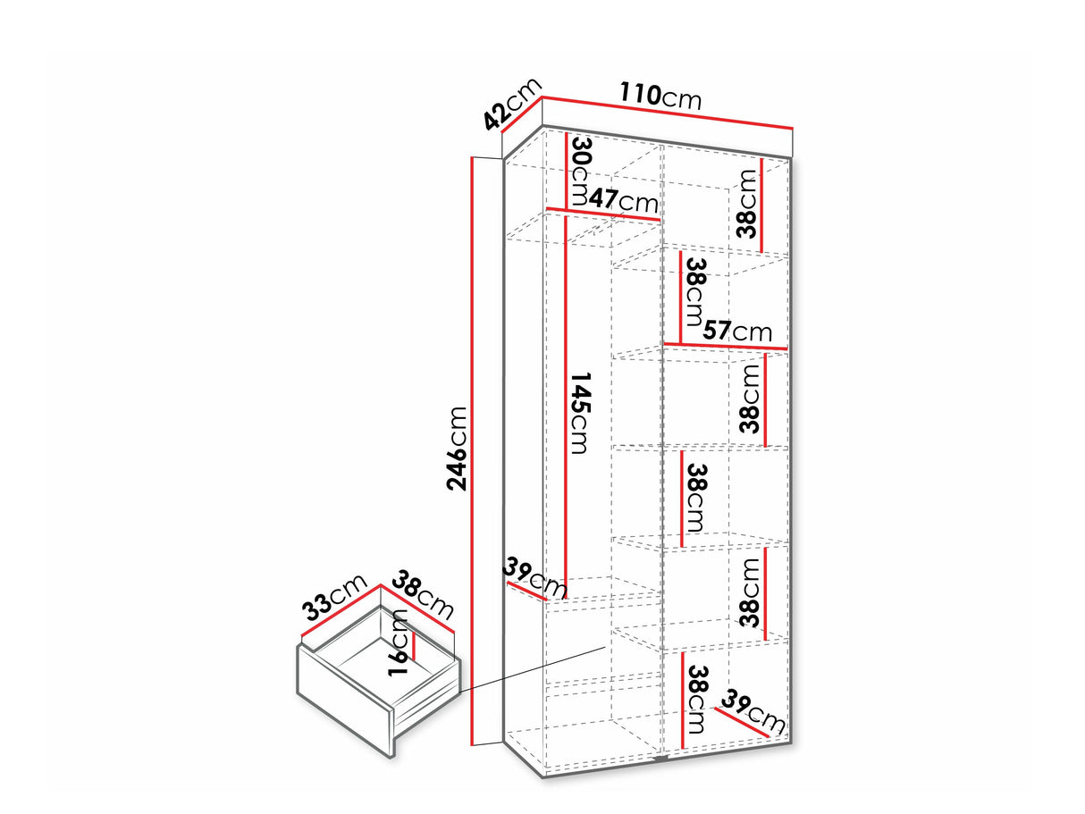 Gardróbszekrény Szafa COMO 4 100/110 (gł.40/50), Szín: Fehér, Fogantyú színe: Fekete, Fiókok: Igen, Szélesség: 110 cm, Mélység: 42 cm