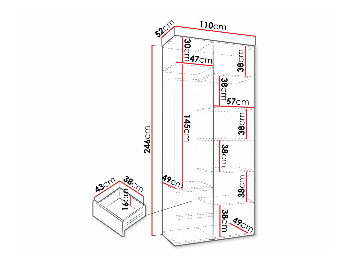 Gardróbszekrény Szafa COMO 4 100/110 (gł.40/50), Szín: Fehér, Fogantyú színe: Fekete, Fiókok: Igen, Szélesség: 110 cm, Mélység: 52 cm