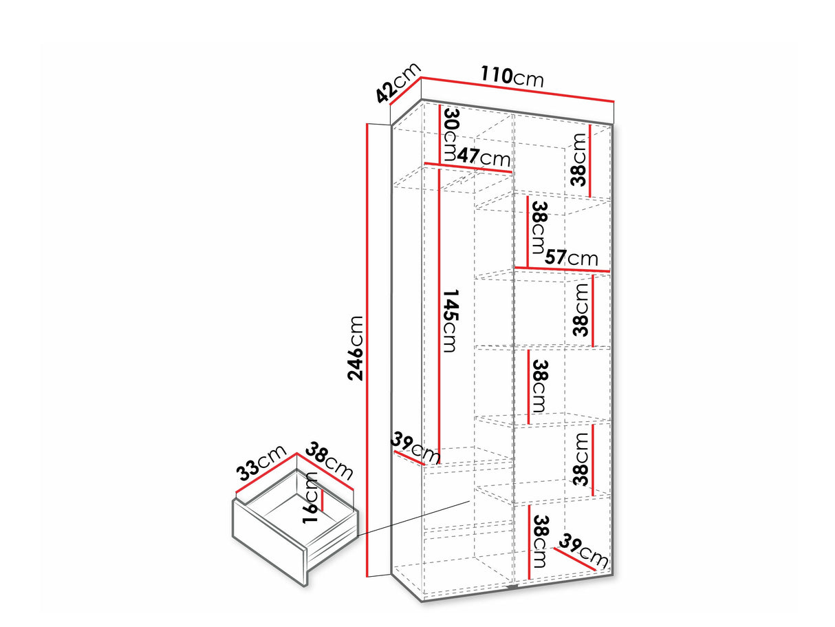 Gardróbszekrény Szafa COMO 4 100/110 (gł.40/50), Szín: Fehér, Fogantyú színe: Aranysárga, Fiókok: Igen, Szélesség: 110 cm, Mélység: 42 cm