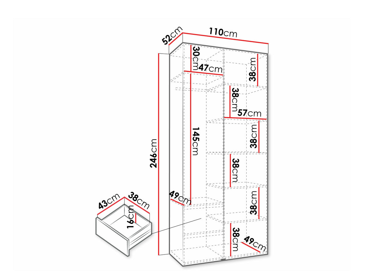 Gardróbszekrény Szafa COMO 4 100/110 (gł.40/50), Szín: Fehér, Fogantyú színe: Aranysárga, Fiókok: Igen, Szélesség: 110 cm, Mélység: 52 cm